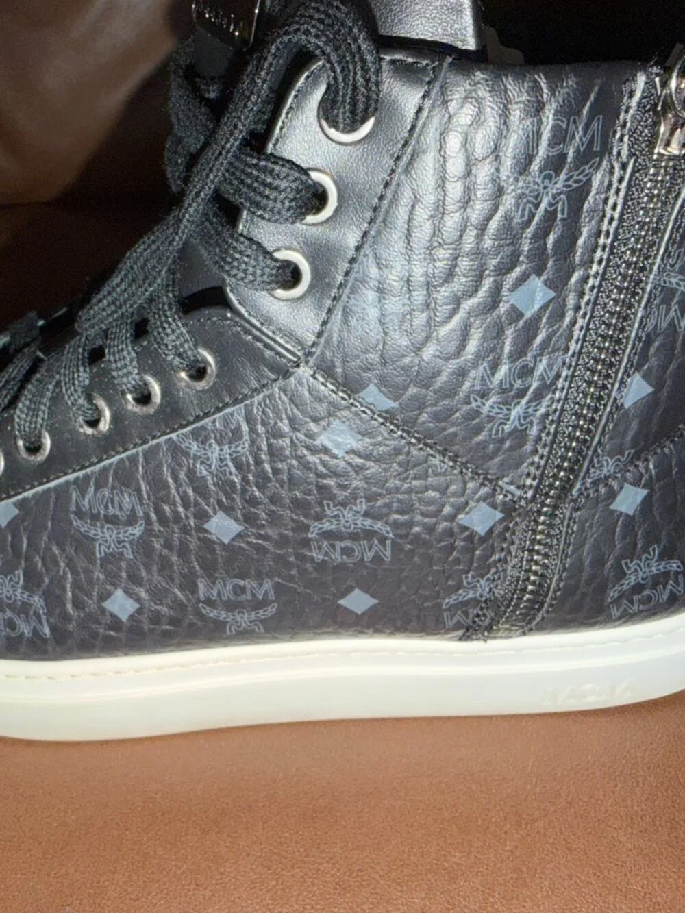 MCM Black Visetos High-Top Leather Sneakers - AUTHENTIC